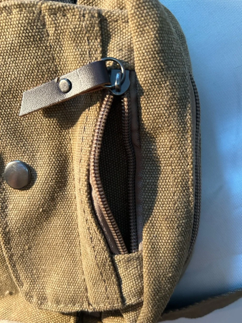 Canvas Crossbody Khaki Bag for Men compact size of approximately 9”x9”